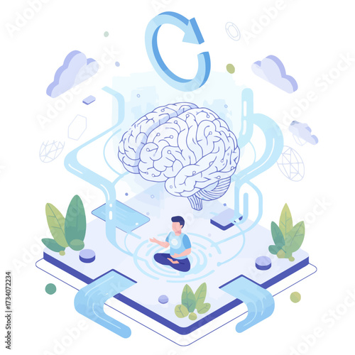 Mind Reboot AI for mental clarity and stress relief, showing a brain and person meditating with a refresh symbol