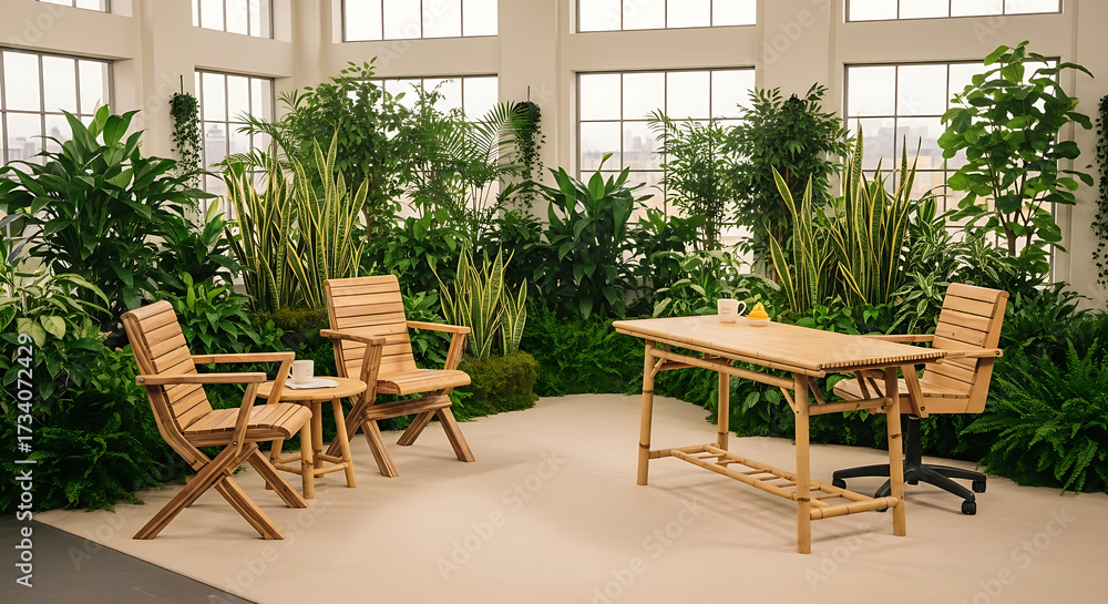 Obraz premium Eco friendly office interior with bamboo furniture and indoor plants