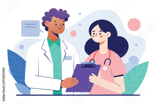 Two healthcare professionals are discussing a patients case, isolated on white background they are holding a clipboard