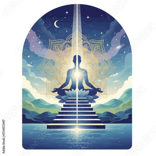 Higher Self AI meditation on steps with spiritual enlightenment, glowing aura, and cosmic mandala under a starry sky