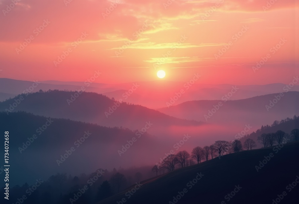 Obraz premium Breathtaking Sunrise Over Misty Hills with Silhouetted Trees Creating a Serene Dawn Landscape