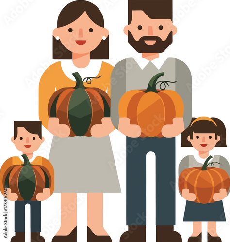 Happy family enjoys autumn fun picking pumpkins at the patch festive fall activity 