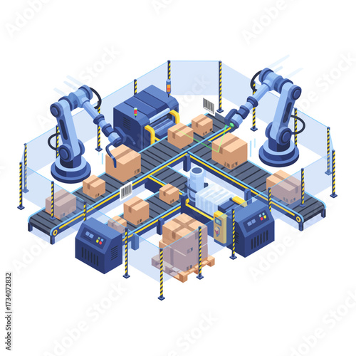 Autonomous Material Handling vector illustration, showcasing warehouse automation, robotics, and logistics in a modern Industry 4.0 factory setting