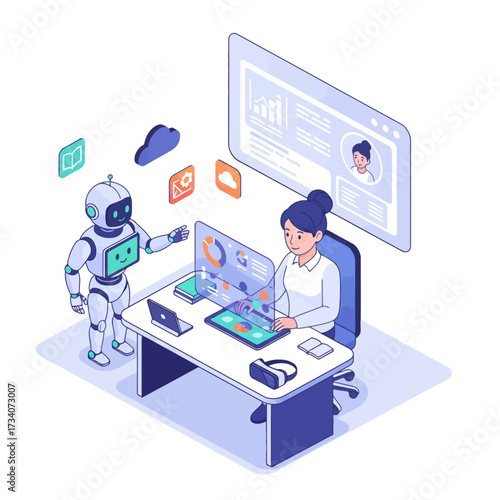 AI-powered education system vector: a robot tutor assists a student with personalized learning, showcasing e-learning and digital education technology