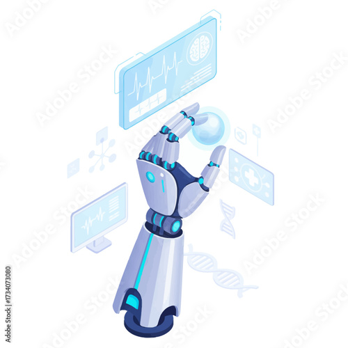 AI-powered prosthetic hand vector illustration, showcasing bionics, future medicine, and medical technology for advanced human enhancement