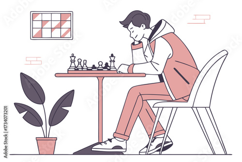 A young man is playing chess alone, contemplating his next move, enjoying a quiet moment isolated on white background