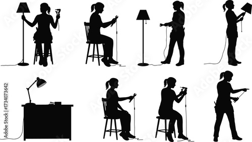 Vector illustration of man repairing lamp step by step, DIY assembly process, home improvement, electrician tools, furniture fixing, maintenance guide