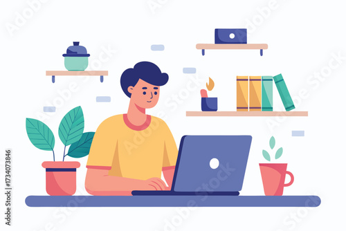 Young man working on laptop at home, freelancer working from home, vector illustration in flat style design, stay at home