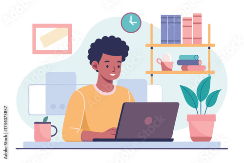 Young man working on laptop at home, freelancer working from home, vector illustration in flat style design, stay at home