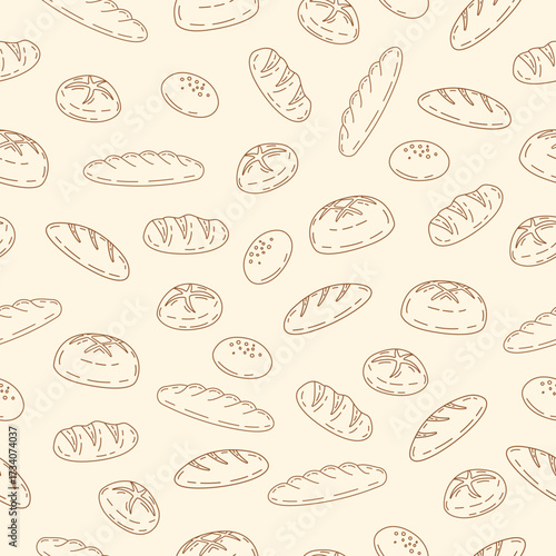Bread seamless pattern background. Hand drawn bread motif wallpaper. Bakery, bake shop backdrop or food wrapper
