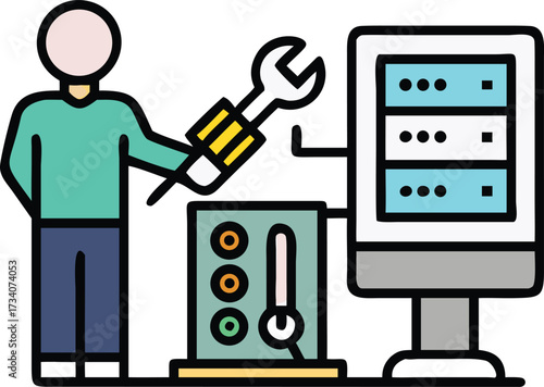 A man holds a wrench while examining a computer, suggesting a mechanical or technical issue.