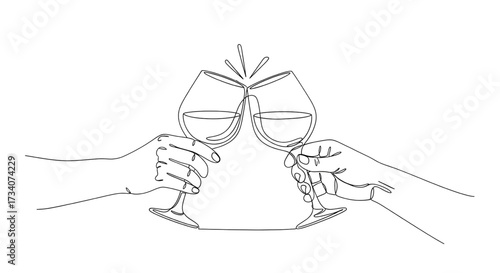 A continuous line drawing of two hands holding wine glasses and clinking them, symbolizing a celebratory toast. Vector illustration of calligraphy.