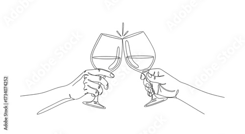 A continuous line drawing of two hands holding wine glasses and clinking them, symbolizing a celebratory toast. Vector illustration of calligraphy.