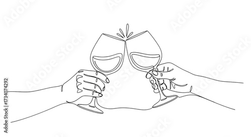 A continuous line drawing of two hands holding wine glasses and clinking them, symbolizing a celebratory toast. Vector illustration of calligraphy.