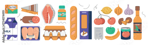 Vector illustration of grocery food set. Milk, butter, cheese, meat, chicken, eggs, pasta, bread, vegetables, fruits, olive oil. Healthy organic products for shopping, market, cooking design.