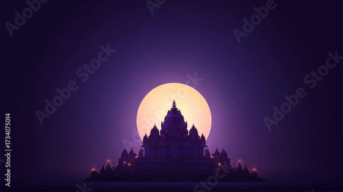 Silhouette of Hindu temple under radiant full moon sky symbolizing Kartik Purnima religious celebration night festival background.