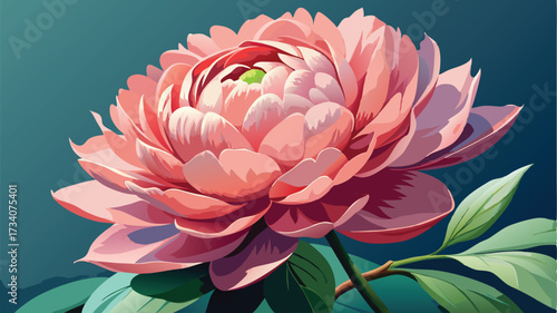 minimalistic pink flower illustration with green leaves on light green background