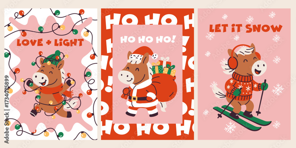 Fototapeta premium Cute Christmas Horse Greeting Cards with Festive Designs