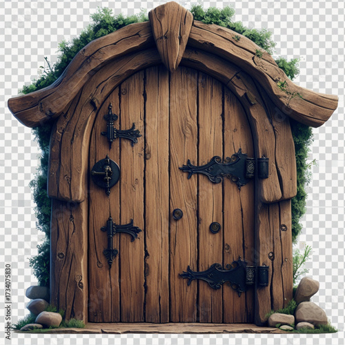 A rustic wooden fairy-tale door with a charming