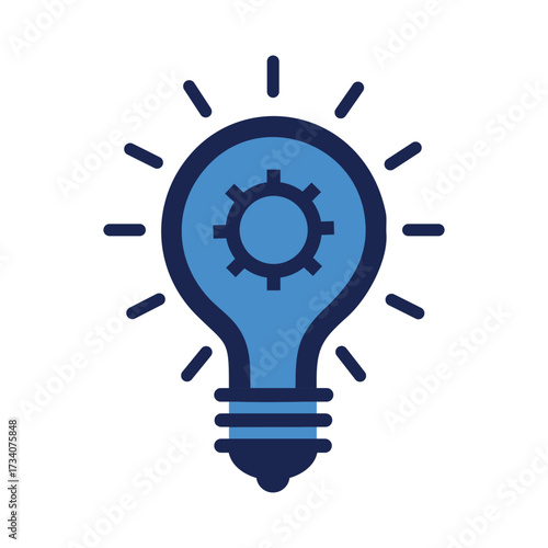 Blue lightbulb with internal gear symbol and radiating lines idea