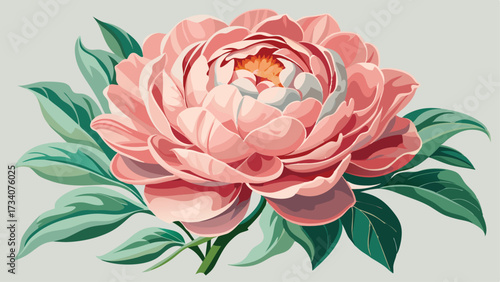 minimalistic pink flower illustration with green leaves on light green background