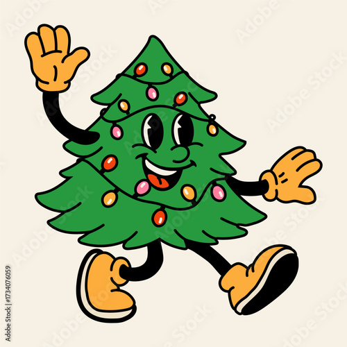 Cartoon Christmas Tree Character with Lights and Boots