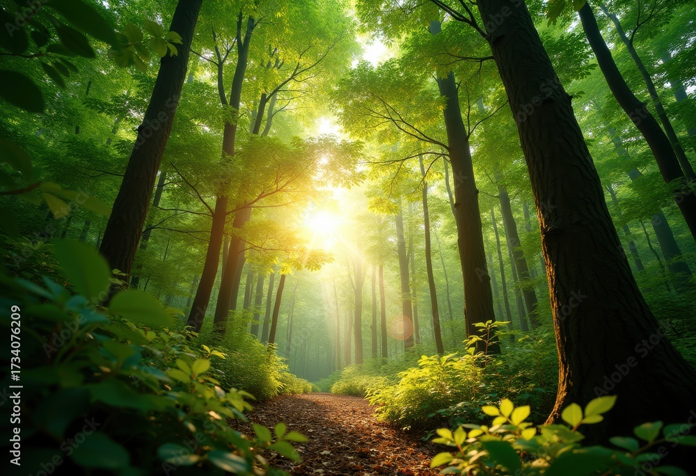 Obraz premium Lush Green Forest Canopy Vibrant Nature Scene View from Below Sunlight Filter Through Leaves