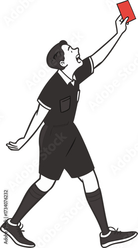 Cartoon referee in a black uniform holding up a red card. Vector illustration of a soccer umpire or judge showing a penalty card. Sport discipline and rule graphic design.
