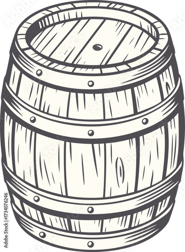 Wooden barrel vector illustration, vintage sketch. Old oak cask drawing for wine, beer, or whiskey storage. Traditional wooden barrel graphic element.