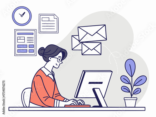 Focused professional woman responding to emails at her desk. Flat office illustration of a female worker managing documents and correspondence on a computer. Business productivity and remote work conc