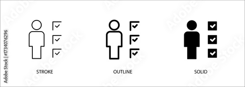 People icon with checkboxes for HR, skills, standards. Editable vector stroke icon, outline and solid. Eps10 file.