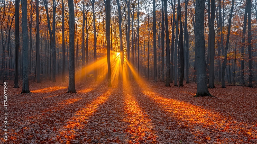 Fototapeta premium Enchanting autumn forest bathed in the warm glow of the setting sun creating shadows