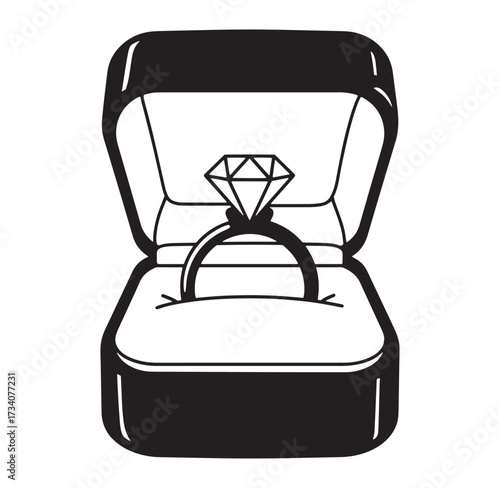 Elegant black and white diamond ring inside an open jewelry gift box illustration