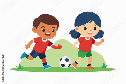 Two happy kids playing soccer on the field isolated on white background a boy and a girl are playing with a soccer ball happily
