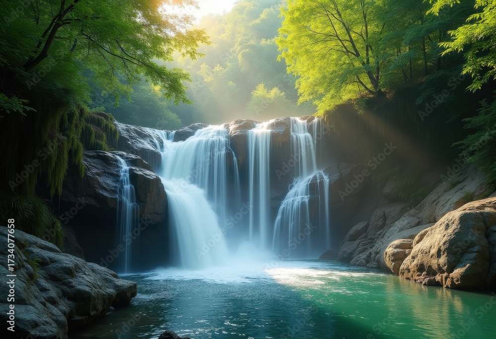 Fototapeta premium Majestic Waterfall Cascade Rugged Rocks Natural Splendor Captivating Nature Surrounding Beauty Peaceful Retreat