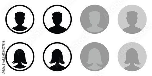 Man and woman vector symbol avatar profile. Male and female face or head silhouette in gray scale and black color on white background