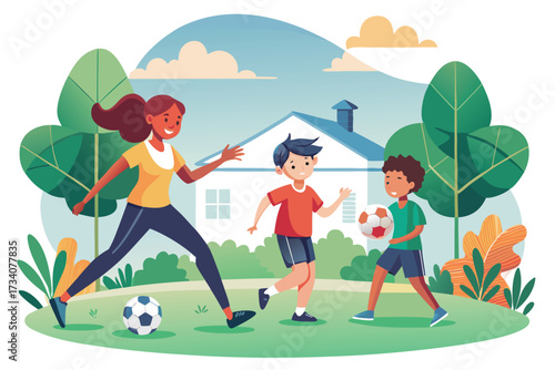 A happy family playing soccer in the backyard with a house in the background and trees around them in a vector illustration