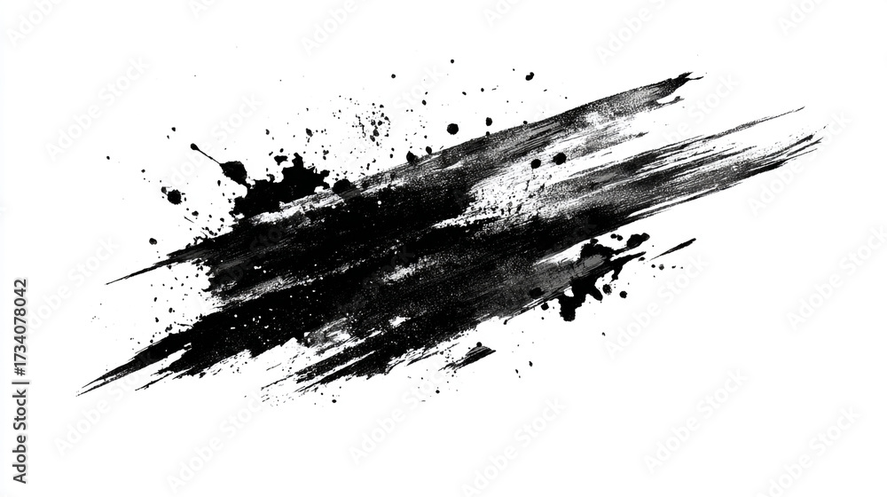 Obraz premium Abstract black ink brush stroke with splatters on a white background.