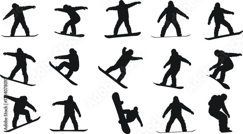 Silhouette collection of snowboarders performing jumps, tricks, and stunts on snowboards, winter extreme sports icons, black snowboard action poses isolated on white background
