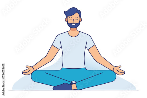 Man with beard meditating in lotus position isolated on white background relaxation, yoga, mindfulness, and wellness concept vector illustration