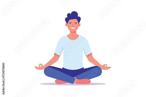 Smiling man meditating in lotus position isolated on white background relaxation, yoga, mindfulness, and wellness concept vector illustration