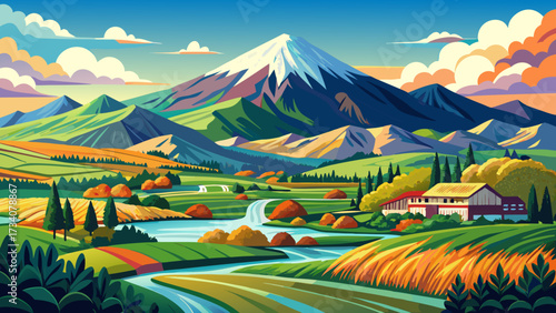 Very beautiful Shikisainooka hill and Tokachidakerenpo mountain range, Japan, Hokkaido, Kamikawa-gun, Biei, Hokkaido, showcasing colorful landscapes, rolling fields, and majestic peaks blending natura