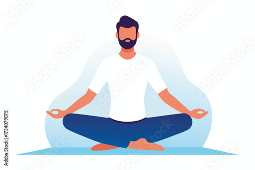 Man in lotus position meditating isolated on white background wellbeing and healthy lifestyle concept vector illustration