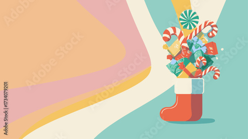 Red holiday boot overflowing with candy canes, colorful wrapped gifts, and sweets for cheerful St. Nicholas Day celebration background.