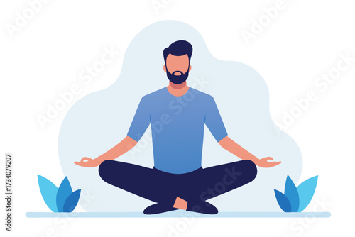 Man in lotus position meditating isolated on white background wellbeing and healthy lifestyle concept vector illustration