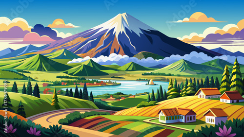 very beautiful Shikisainooka hill and Tokachidakerenpo mountain range, Japan,Hokkaido,Kamikawa-gun,Biei, Hokkaido