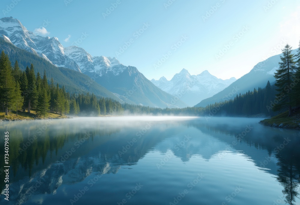 Naklejka premium Serene Lake Snow-Capped Mountain Reflection Tranquil Nature Landscape Peaceful Vista Scenic View