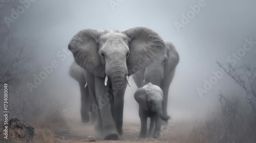 African Elephant Family Walking in Misty Savanna