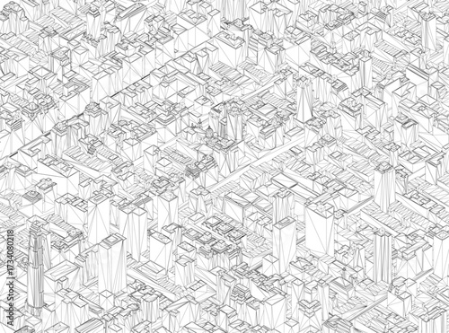 A black and white geometric pattern of a city wireframe, composed of various shapes and lines, creates a unique and intricate design. Isometric view. 3D