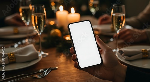 A hand holds a smartphone with a blank screen at a festive, candlelit dinner table with champagne glasses and holiday decorations.